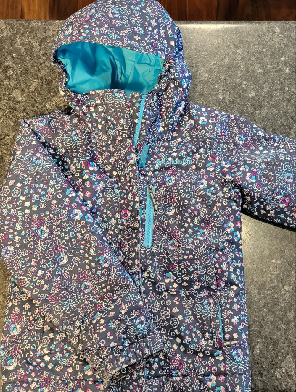 Columbia Navy Floral Hooded Jacket with Teal Lining